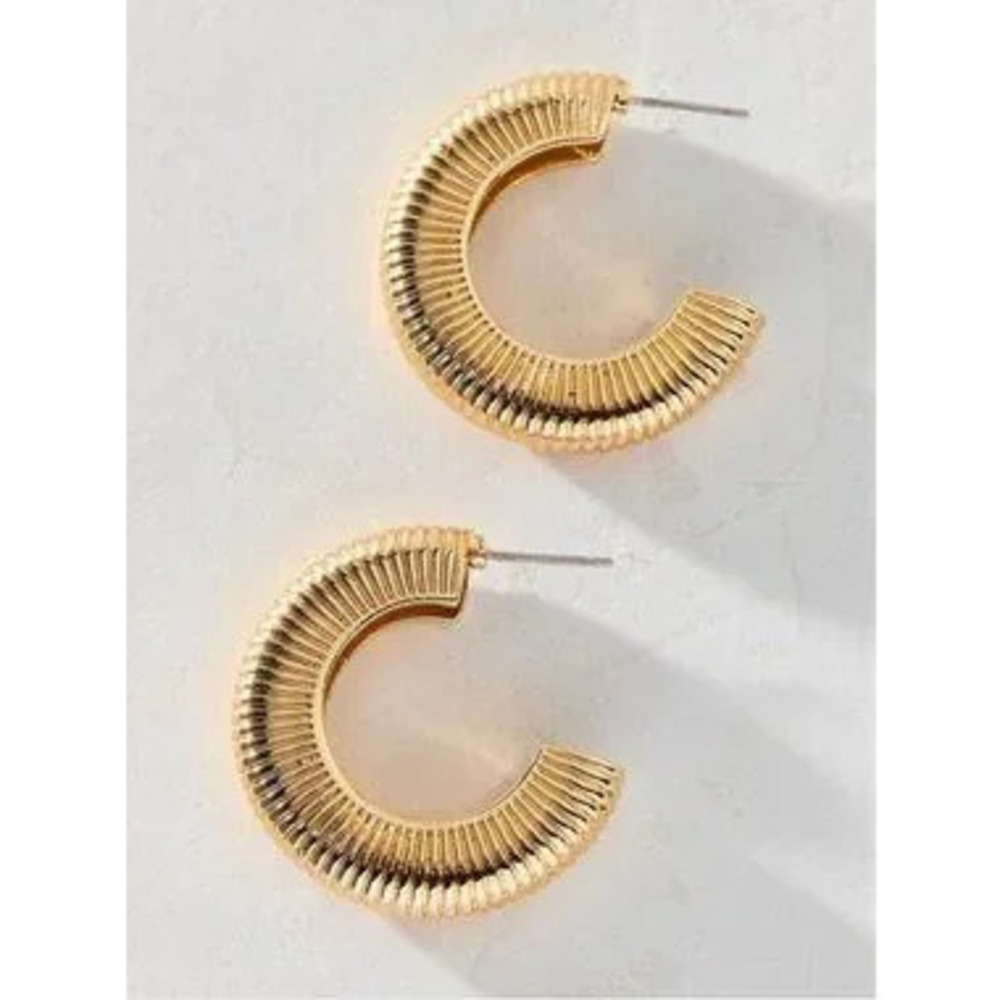 New! James Classic Gold Ribbed Medium Hoops Earrings